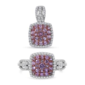 Madagascar Pink Sapphire and White Zircon Cushion Shape Ring (Size 8.0) and Pendant in Platinum Over Sterling Silver 2.25 ctw