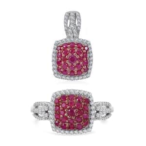 Mozambique Ruby and White Zircon Cushion Shape Ring (Size 6.0) and Pendant in Platinum Over Sterling Silver 2.25 ctw