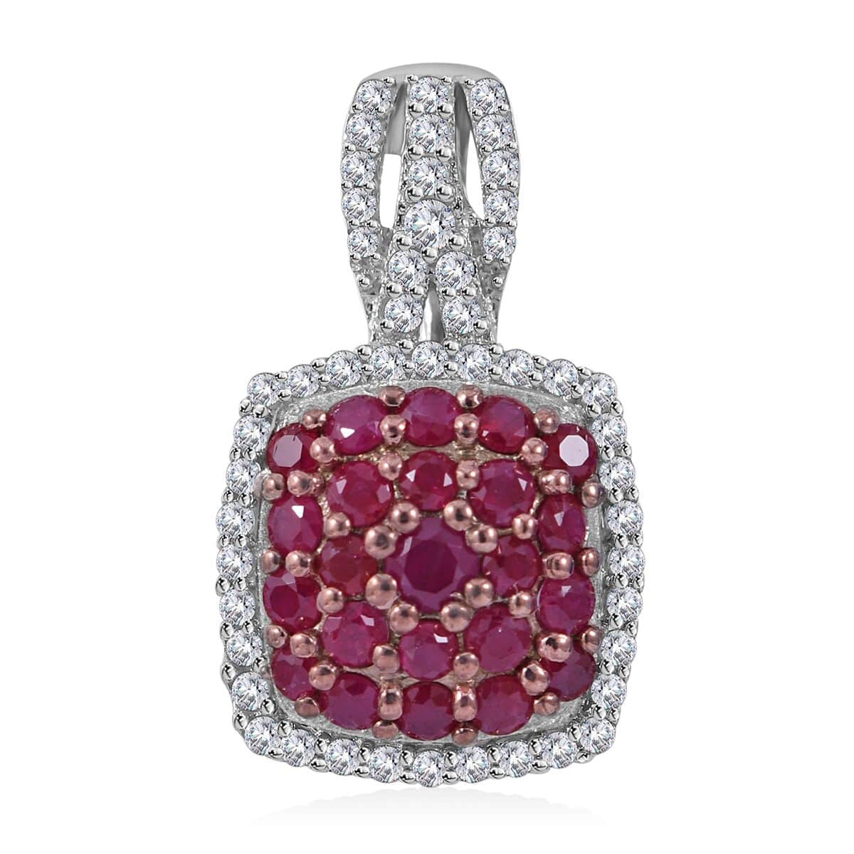 Mozambique Ruby and White Zircon Cushion Shape Ring (Size 6.0) and Pendant in Platinum Over Sterling Silver 2.25 ctw image number 3