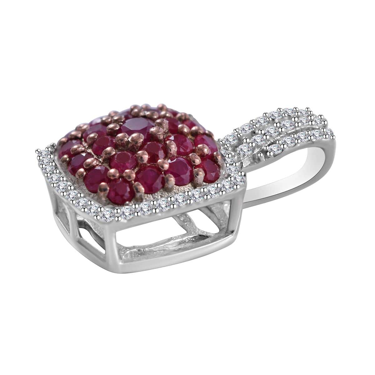 Mozambique Ruby and White Zircon Cushion Shape Ring (Size 6.0) and Pendant in Platinum Over Sterling Silver 2.25 ctw image number 4