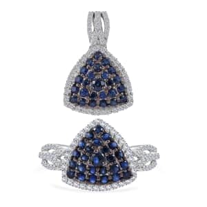 Kanchanaburi Blue Sapphire and White Zircon Trillion Shape Ring (Size 6.0) and Pendant in Platinum Over Sterling Silver 2.50 ctw