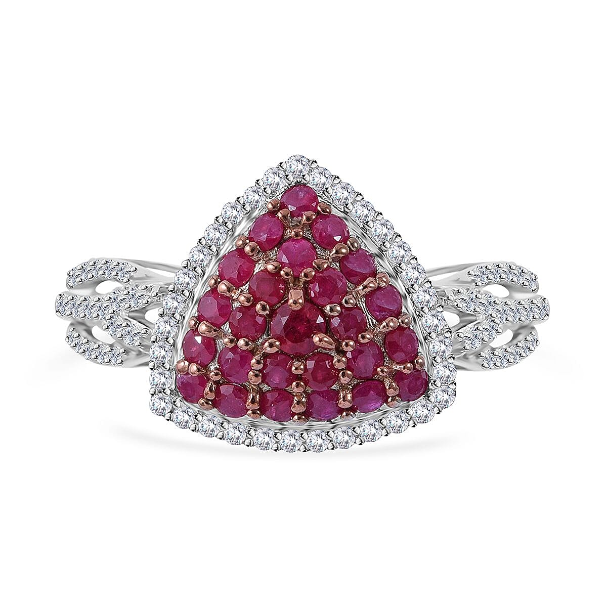 Mozambique Ruby and White Zircon Trillion Shape Ring (Size 6.0) and Pendant in Platinum Over Sterling Silver 2.35 ctw image number 1