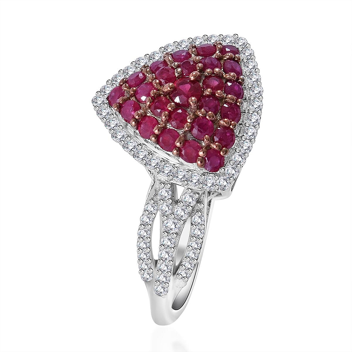 Mozambique Ruby and White Zircon Trillion Shape Ring (Size 6.0) and Pendant in Platinum Over Sterling Silver 2.35 ctw image number 2