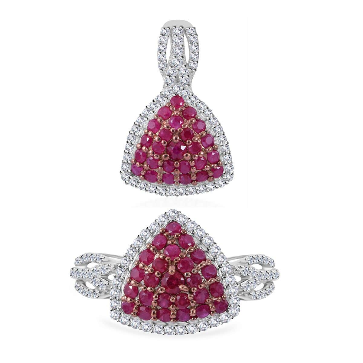 Mozambique Ruby and White Zircon Trillion Shape Ring (Size 7.0) and Pendant in Platinum Over Sterling Silver 2.35 ctw image number 0