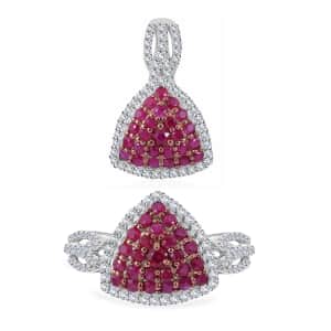 Mozambique Ruby and White Zircon Trillion Shape Ring (Size 7.0) and Pendant in Platinum Over Sterling Silver 2.35 ctw