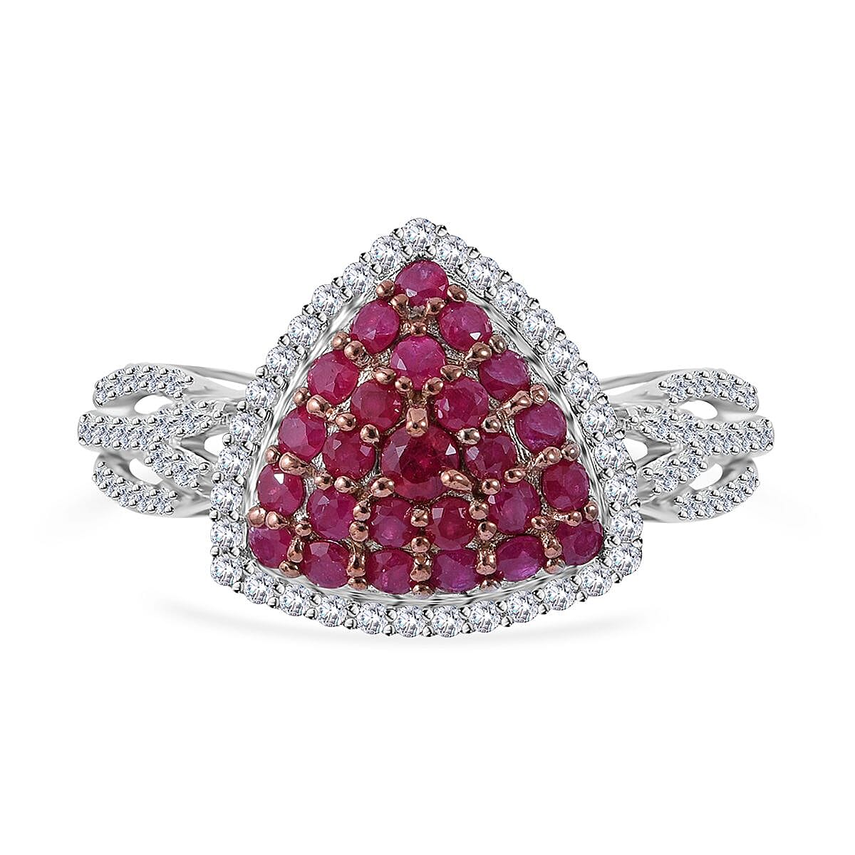 Mozambique Ruby and White Zircon Trillion Shape Ring (Size 9.0) and Pendant in Platinum Over Sterling Silver 2.35 ctw image number 1