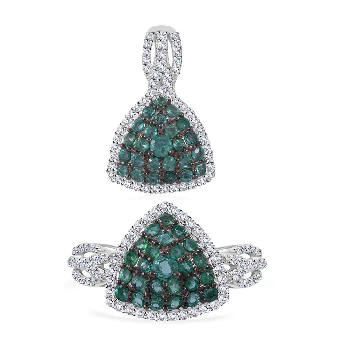 Kagem Zambian Emerald and White Zircon Trillion Shape Ring (Size 6.0) and Pendant in Platinum Over Sterling Silver 2.15 ctw image number 0