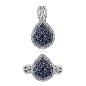 Kanchanaburi Blue Sapphire and White Zircon Pear Shape Ring (Size 7.0) and Pendant in Platinum Over Sterling Silver 2.00 ctw