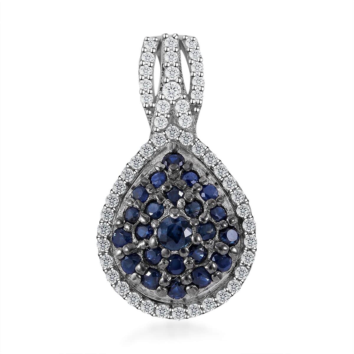 Kanchanaburi Blue Sapphire and White Zircon Pear Shape Ring (Size 7.0) and Pendant in Platinum Over Sterling Silver 2.00 ctw image number 2