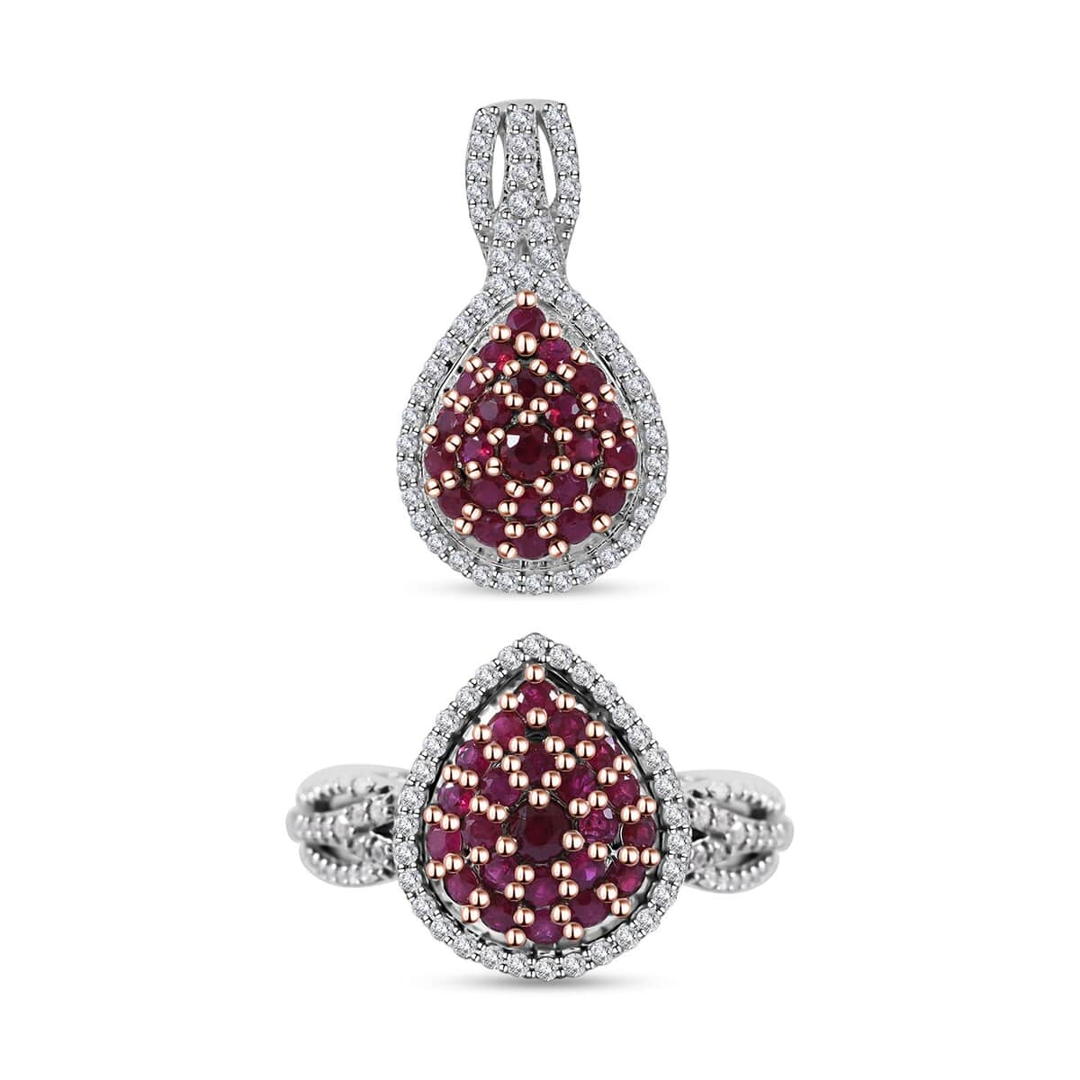 Mozambique Ruby and White Zircon Pear Shape Ring (Size 6.0) and Pendant in Platinum Over Sterling Silver 2.20 ctw image number 0