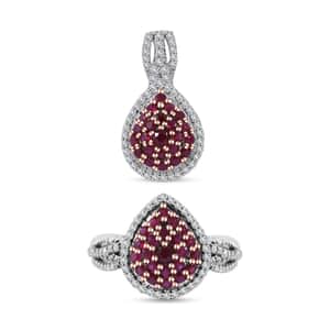 Mozambique Ruby and White Zircon Pear Shape Ring (Size 6.0) and Pendant in Platinum Over Sterling Silver 2.20 ctw