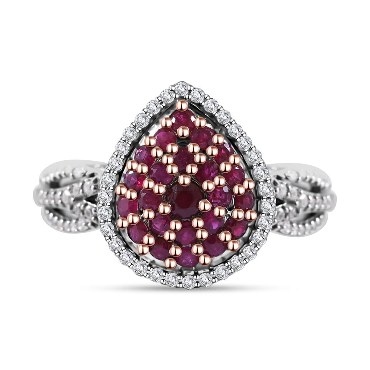 Mozambique Ruby and White Zircon Pear Shape Ring (Size 6.0) and Pendant in Platinum Over Sterling Silver 2.20 ctw image number 1