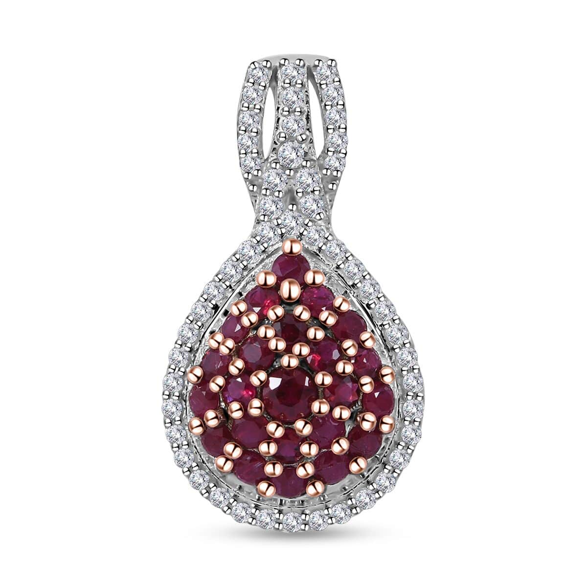 Mozambique Ruby and White Zircon Pear Shape Ring (Size 6.0) and Pendant in Platinum Over Sterling Silver 2.20 ctw image number 3