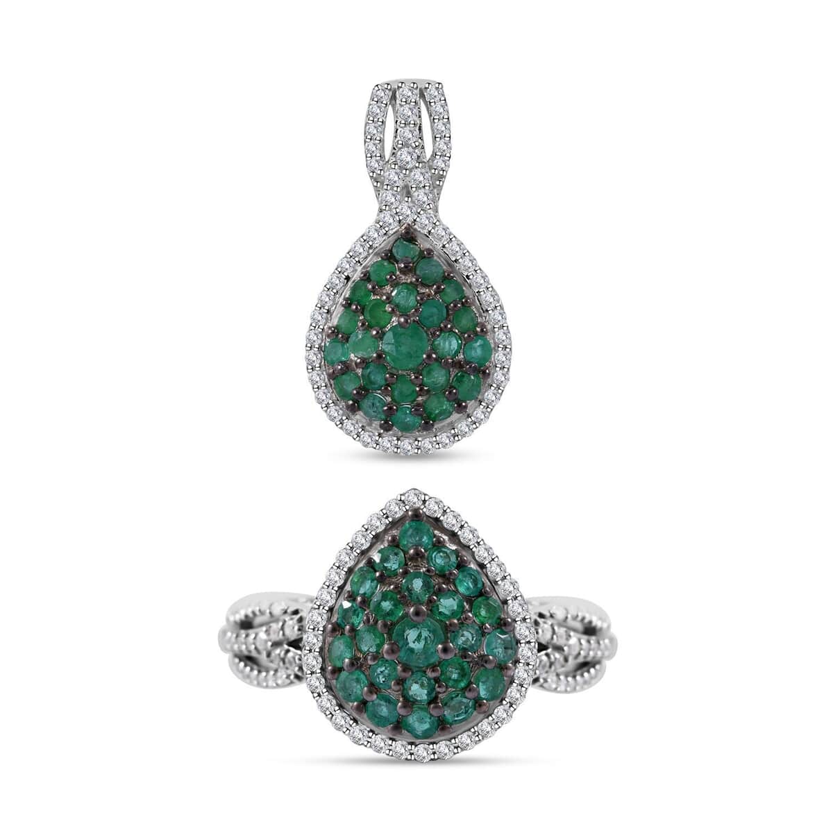 Kagem Zambian Emerald and White Zircon Pear Shape Ring (Size 7.0) and Pendant in Platinum Over Sterling Silver 2.30 ctw image number 0