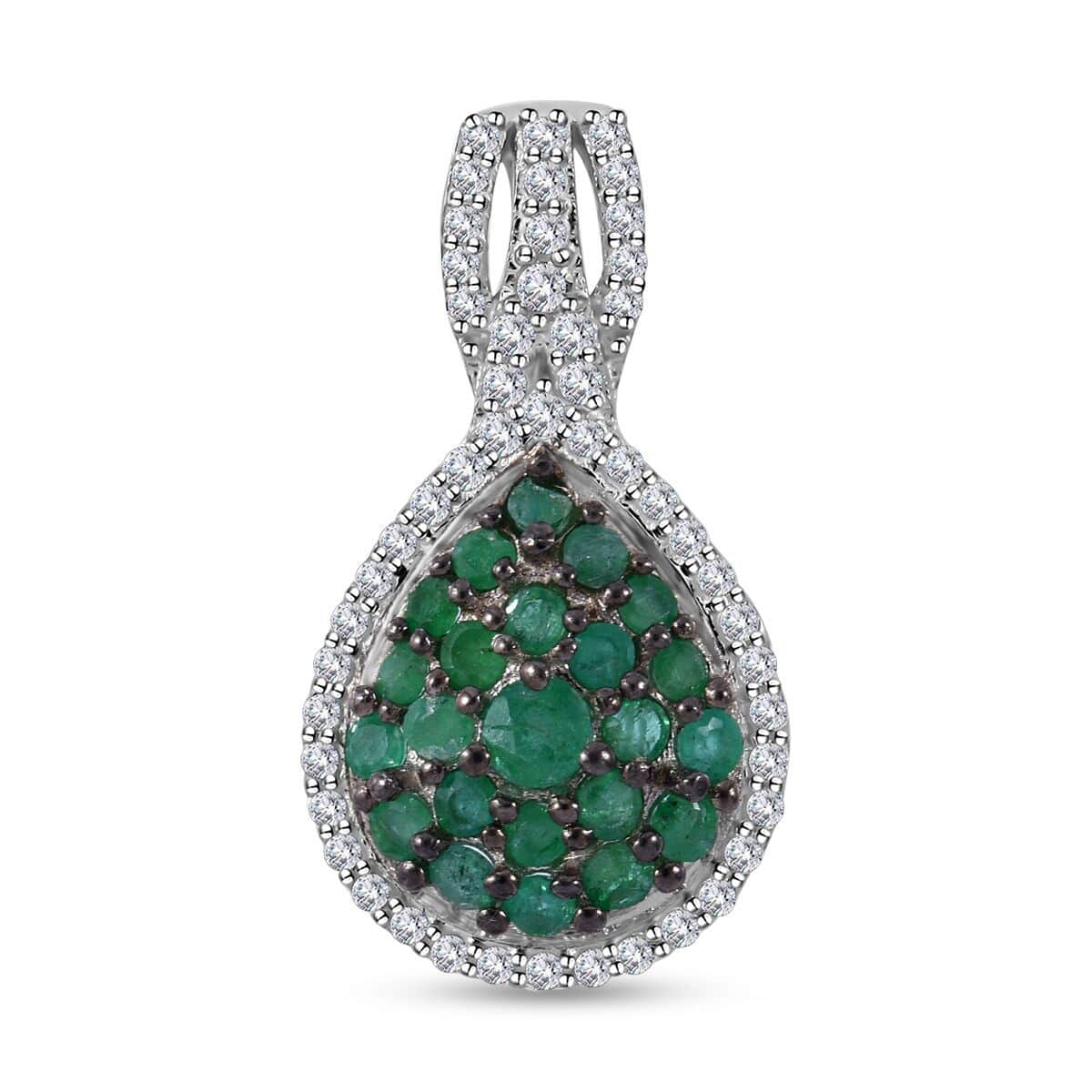 Kagem Zambian Emerald and White Zircon Pear Shape Ring (Size 7.0) and Pendant in Platinum Over Sterling Silver 2.30 ctw image number 5