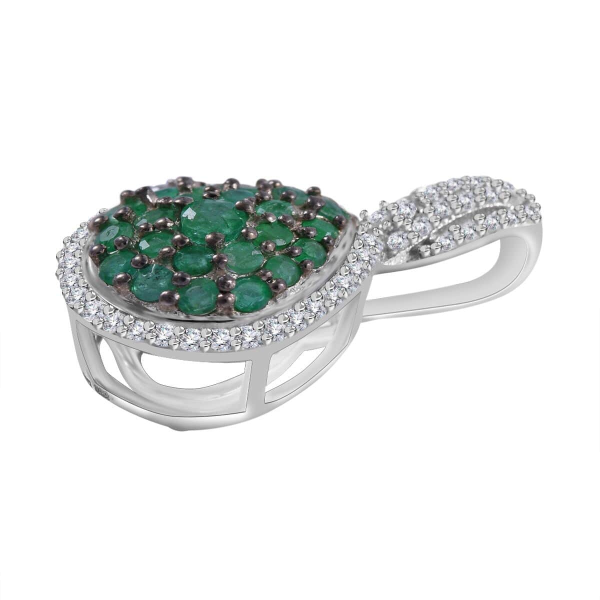 Kagem Zambian Emerald and White Zircon Pear Shape Ring (Size 7.0) and Pendant in Platinum Over Sterling Silver 2.30 ctw image number 6