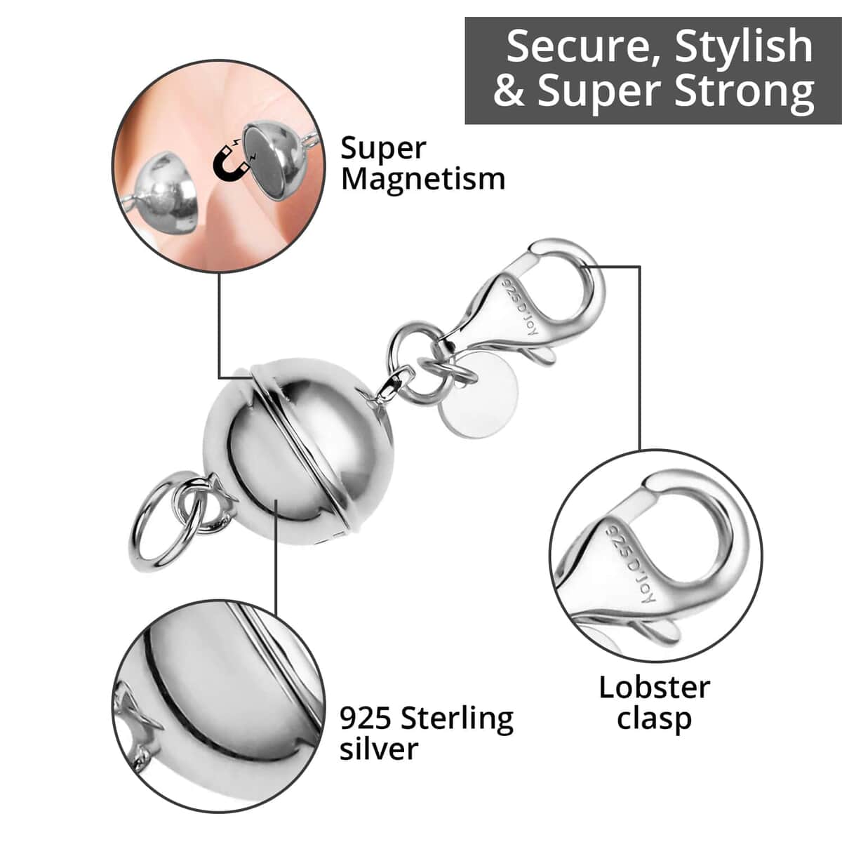 Set of 3, 9mm Round Magnetic Lock with Lobster Clasp in Rhodium Over Sterling Silver 7.40 Grams image number 1