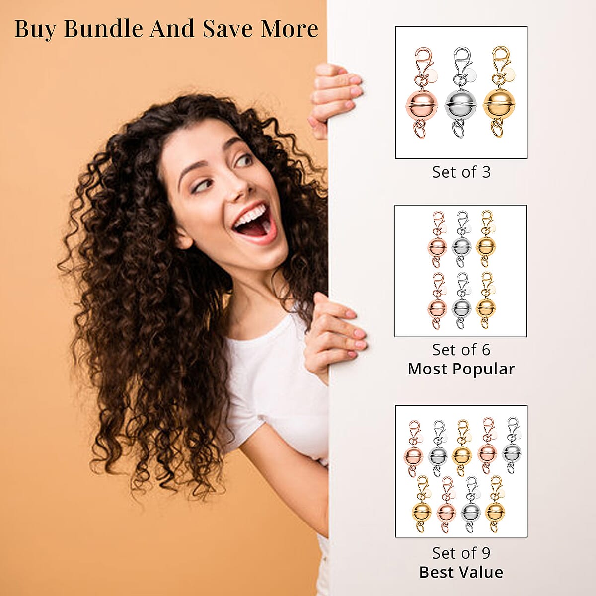 D'Joy Set of 3, 9mm Round Magnetic Lock with Lobster Clasp in Rhodium Over Sterling Silver 7.40 Grams image number 7