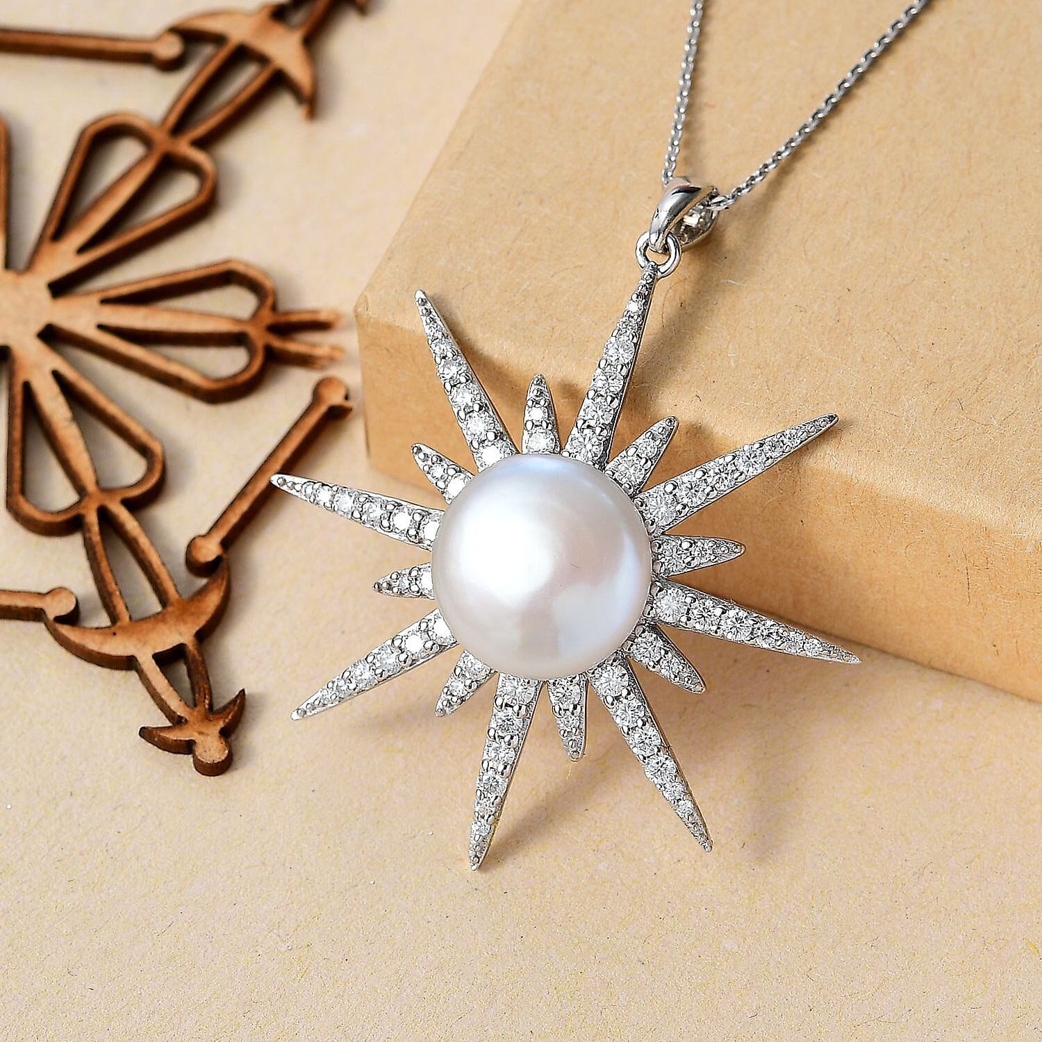 Freshwater Pearl and Moissanite 1.55 ctw Pendant Necklace 20 Inches in Platinum Over Sterling Silver 