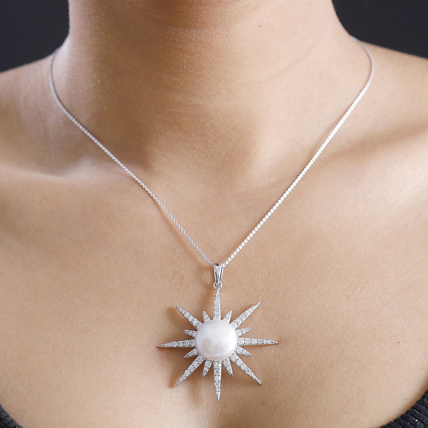 Freshwater Pearl and Moissanite 1.55 ctw Pendant Necklace 20 Inches in Platinum Over Sterling Silver 