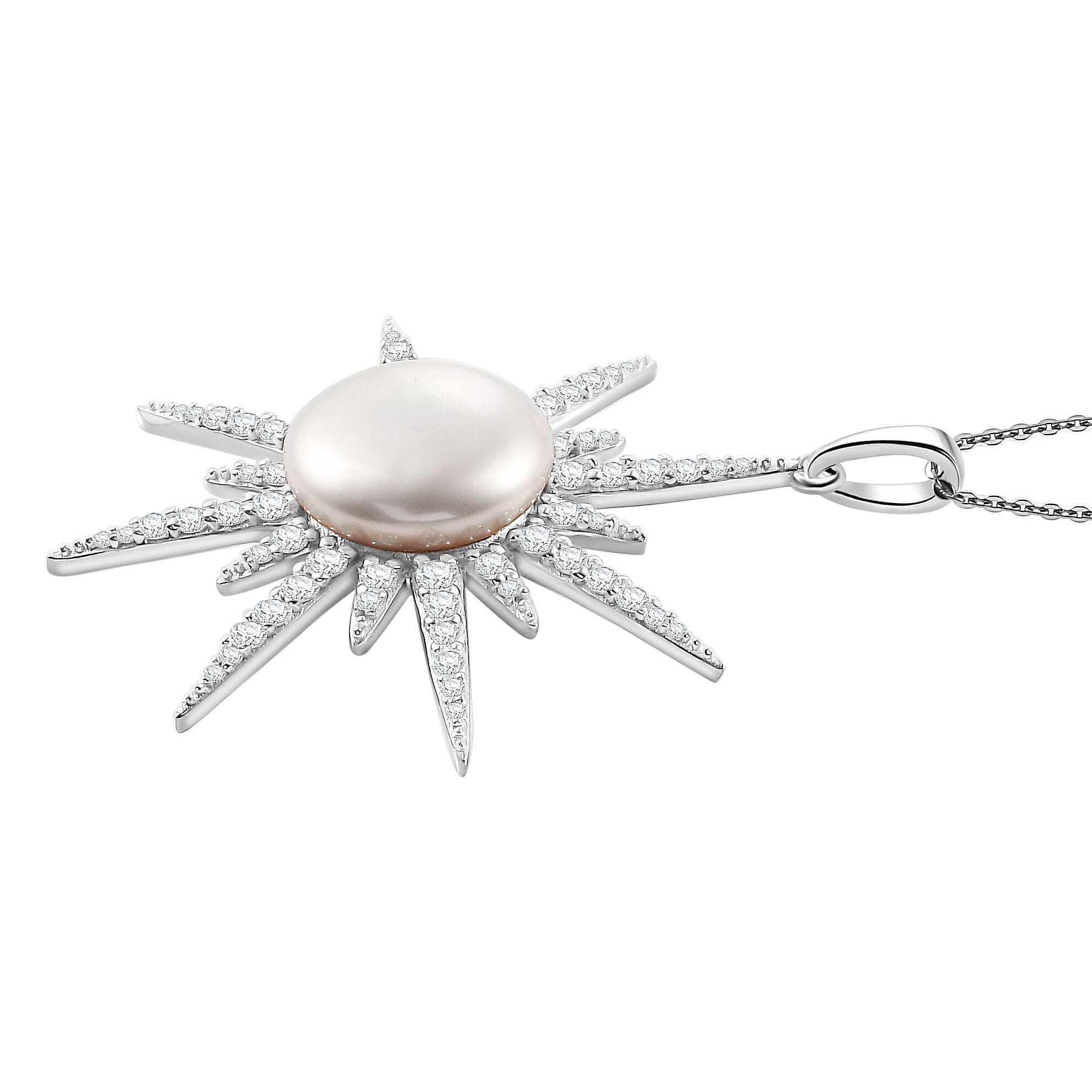 Freshwater Pearl and Moissanite 1.55 ctw Pendant Necklace 20 Inches in Platinum Over Sterling Silver 