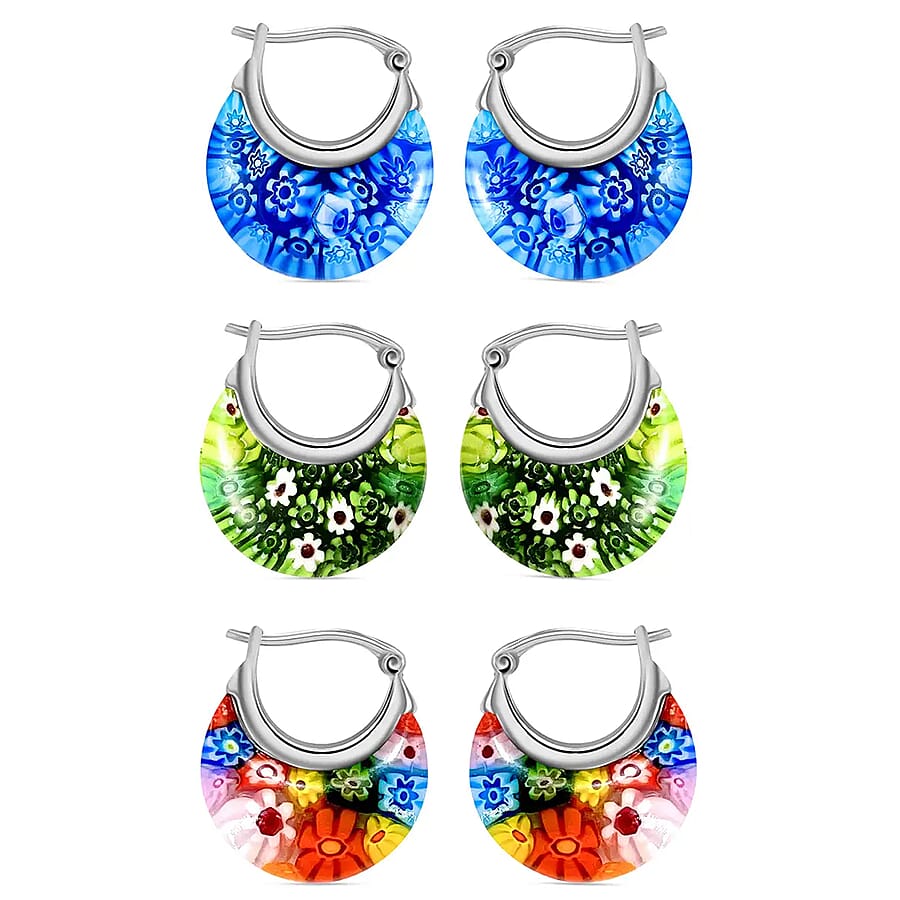Set of 3 Blue, Green and Multi Color Murano Style Basket Earrings in Stainless Steel (Del. In 10-12 Days)