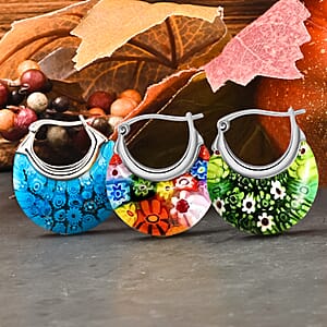 Set of 3 Blue, Green and Multi Color Murano Style Basket Earrings in Stainless Steel (Del. In 10-12 Days)