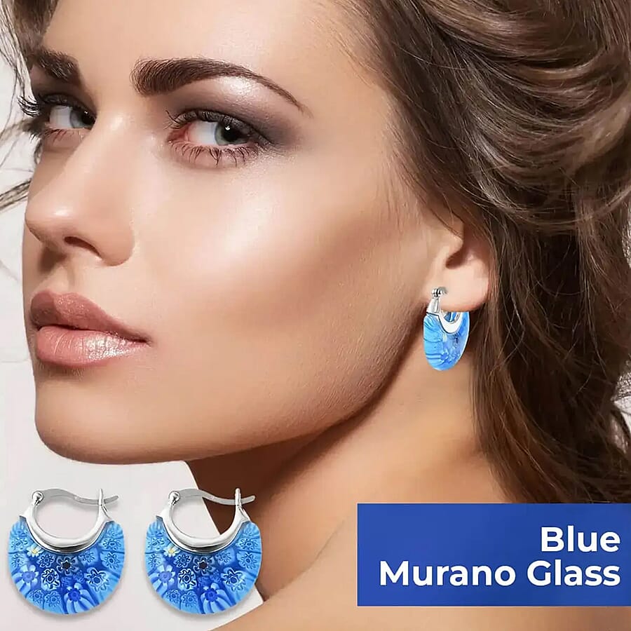 Set of 3 Blue, Green and Multi Color Murano Style Basket Earrings in Stainless Steel (Del. In 10-12 Days)