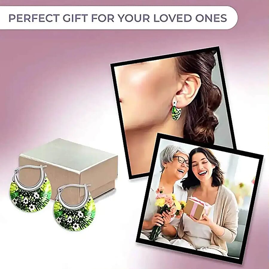 Set of 3 Blue, Green and Multi Color Murano Style Basket Earrings in Stainless Steel (Del. In 10-12 Days)