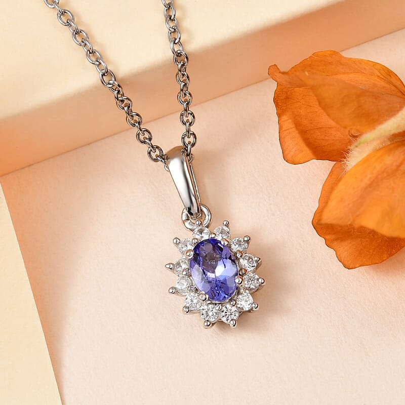 Tanzanite and White Zircon Sunburst Pendant in Platinum Over Sterling Silver with Stainless Steel Necklace 20 Inches 0.85 ctw