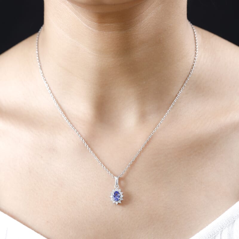 Tanzanite and White Zircon Sunburst Pendant in Platinum Over Sterling Silver with Stainless Steel Necklace 20 Inches 0.85 ctw