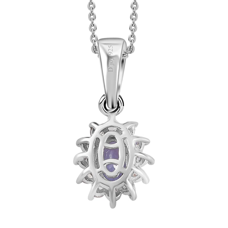 Tanzanite and White Zircon Sunburst Pendant in Platinum Over Sterling Silver with Stainless Steel Necklace 20 Inches 0.85 ctw