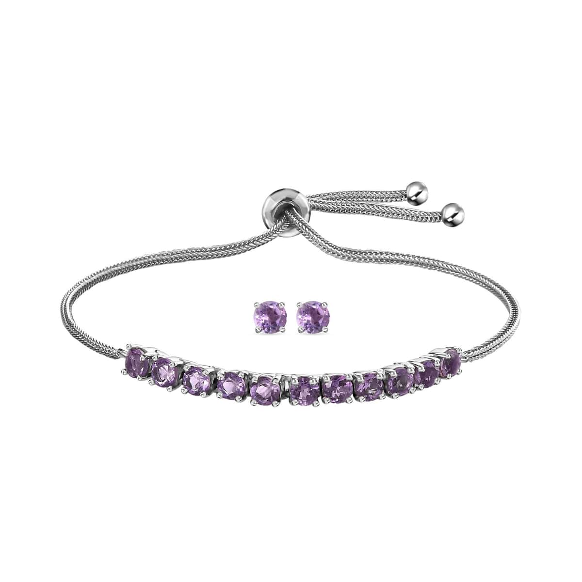 Rose De France Amethyst Bolo Bracelet and Earrings in Stainless Steel 3.75 ctw image number 0