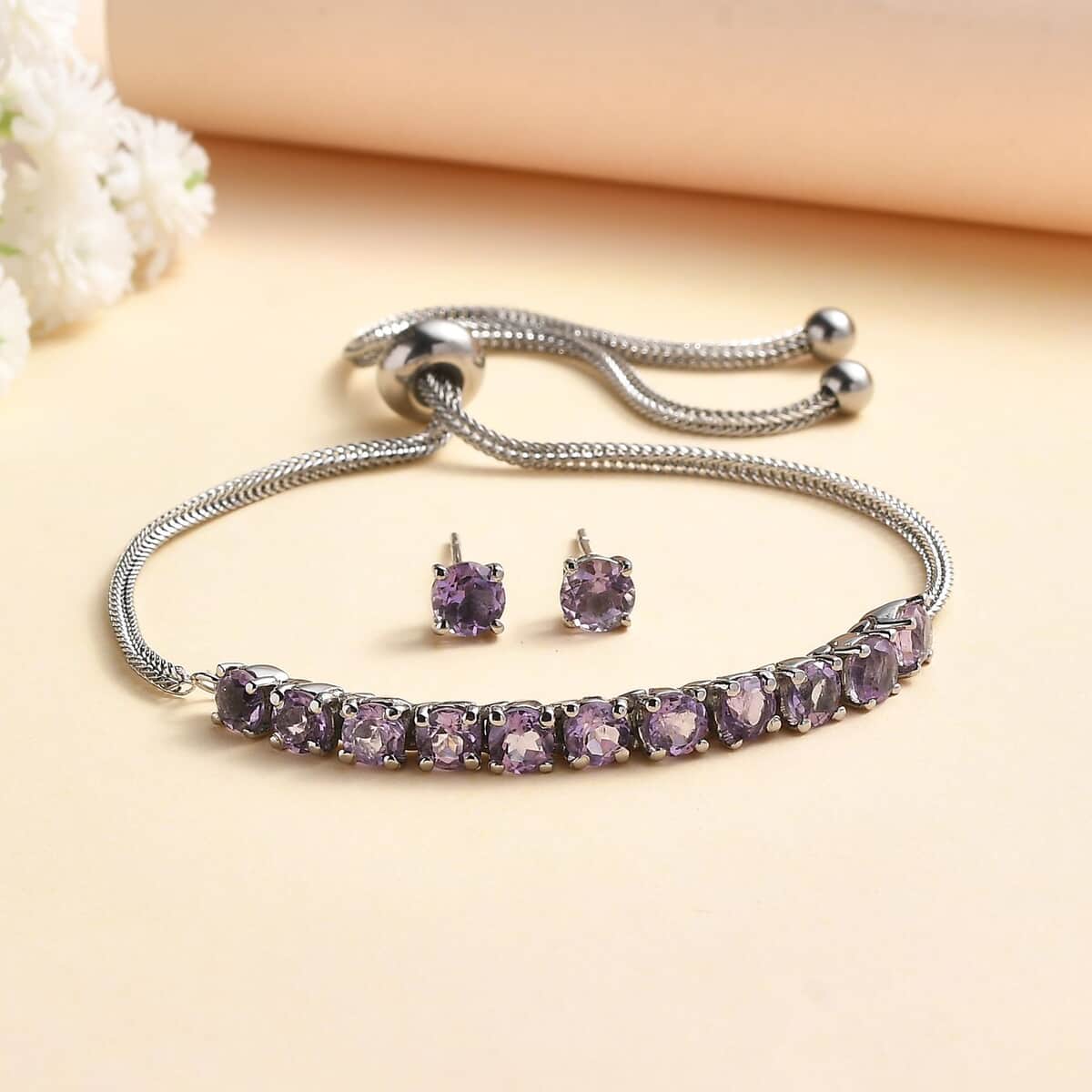 Rose De France Amethyst Bolo Bracelet and Earrings in Stainless Steel 3.75 ctw image number 1