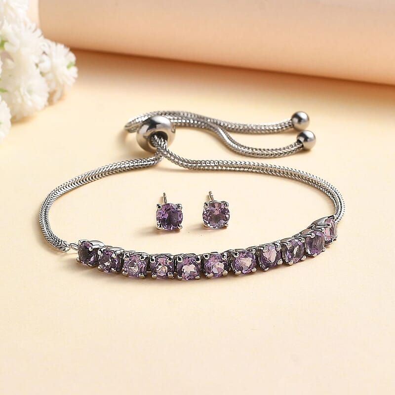 Rose De France Amethyst Bolo Bracelet and Earrings in Stainless Steel 3.75 ctw