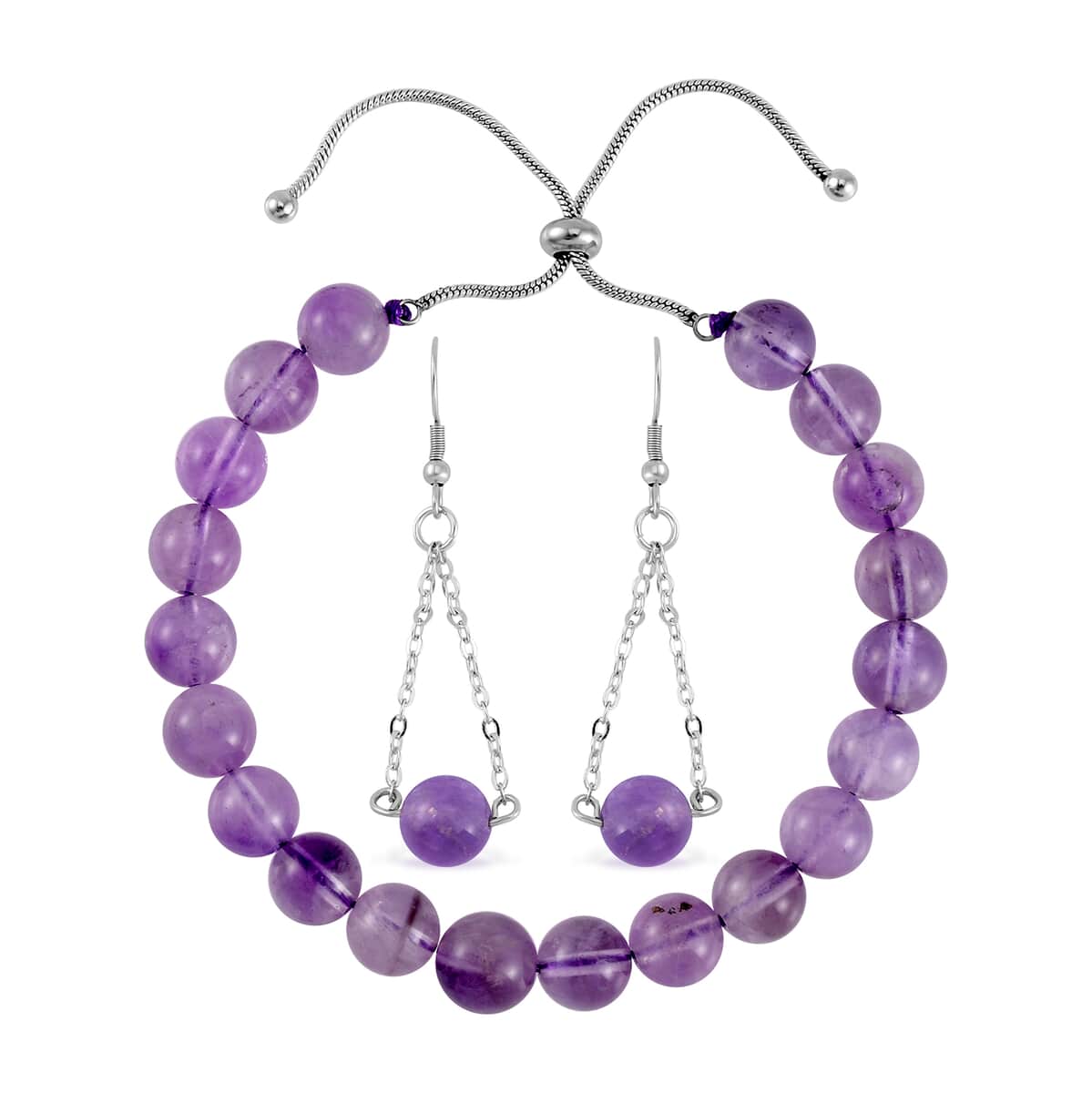 Lavender Amethyst Bolo Bracelet and Earrings in Stainless Steel 93.60 ctw image number 0