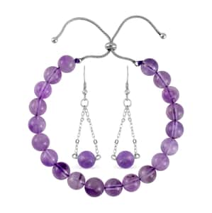 Lavender Amethyst Bolo Bracelet and Earrings in Stainless Steel 93.60 ctw