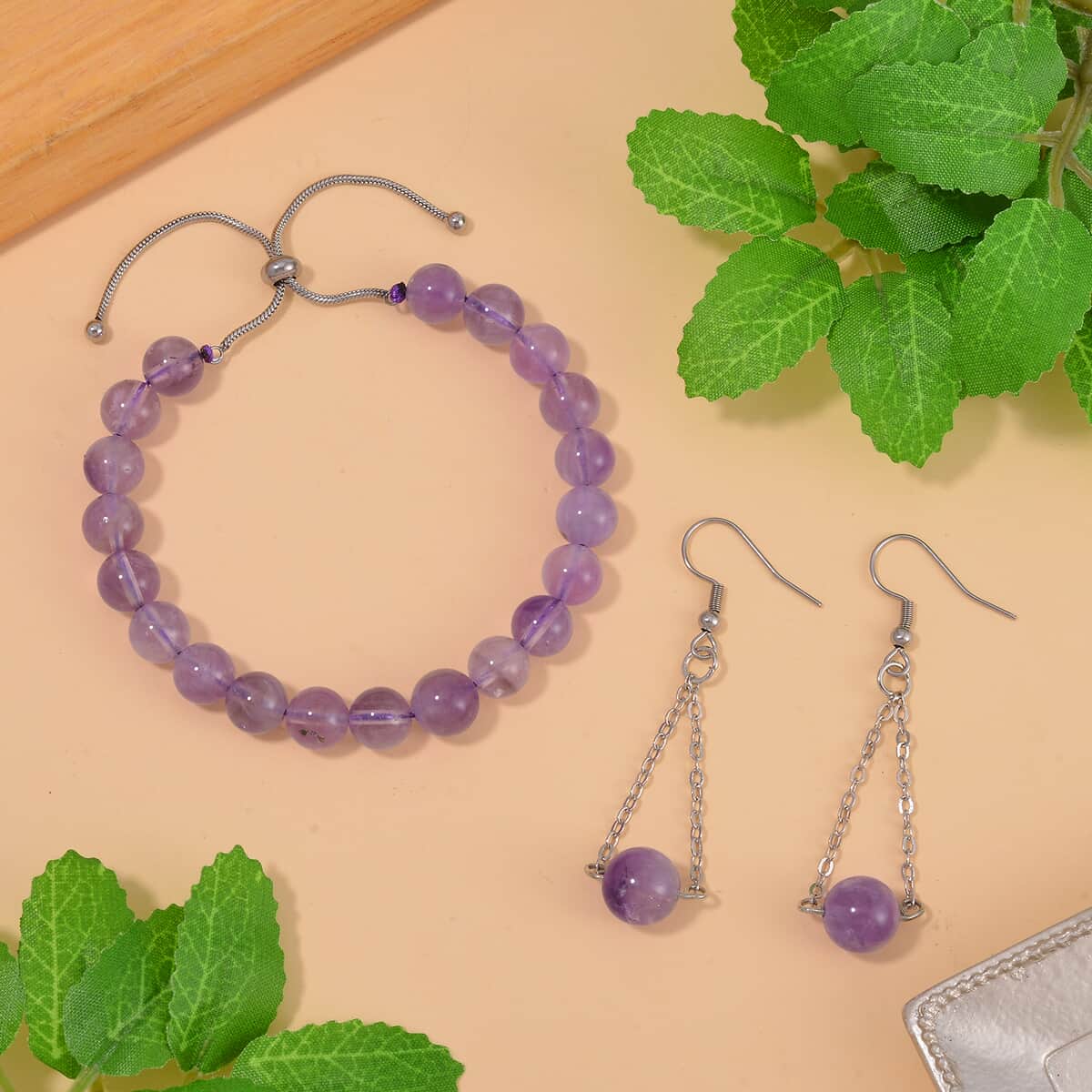 Lavender Amethyst Bolo Bracelet and Earrings in Stainless Steel 93.60 ctw image number 1