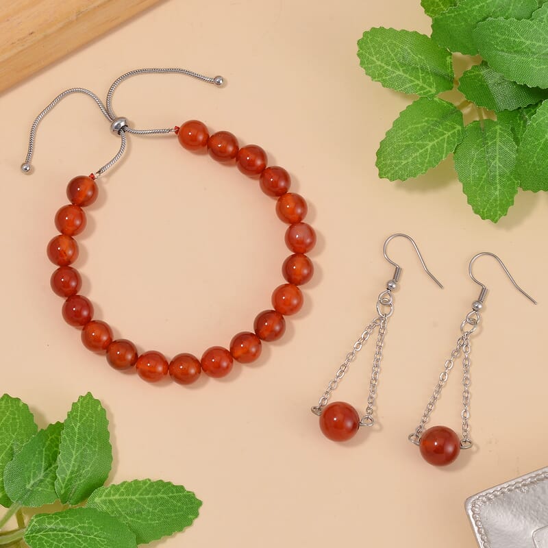 Red Agate Bolo Bracelet and Earrings in Stainless Steel 84.25 ctw