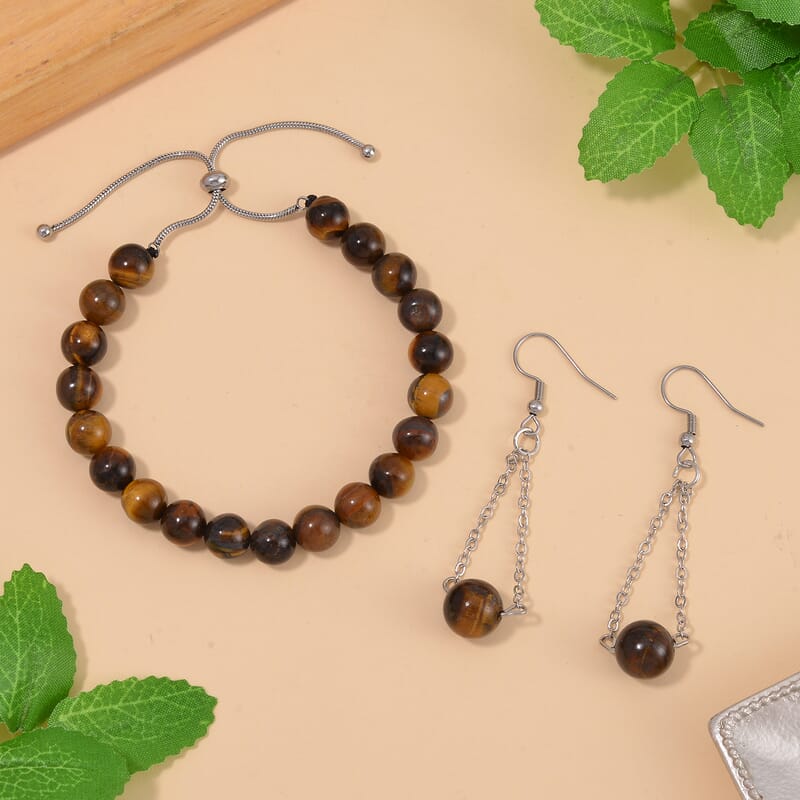 Yellow Tiger's Eye Bolo Bracelet and Earrings in Stainless Steel 89.30 ctw