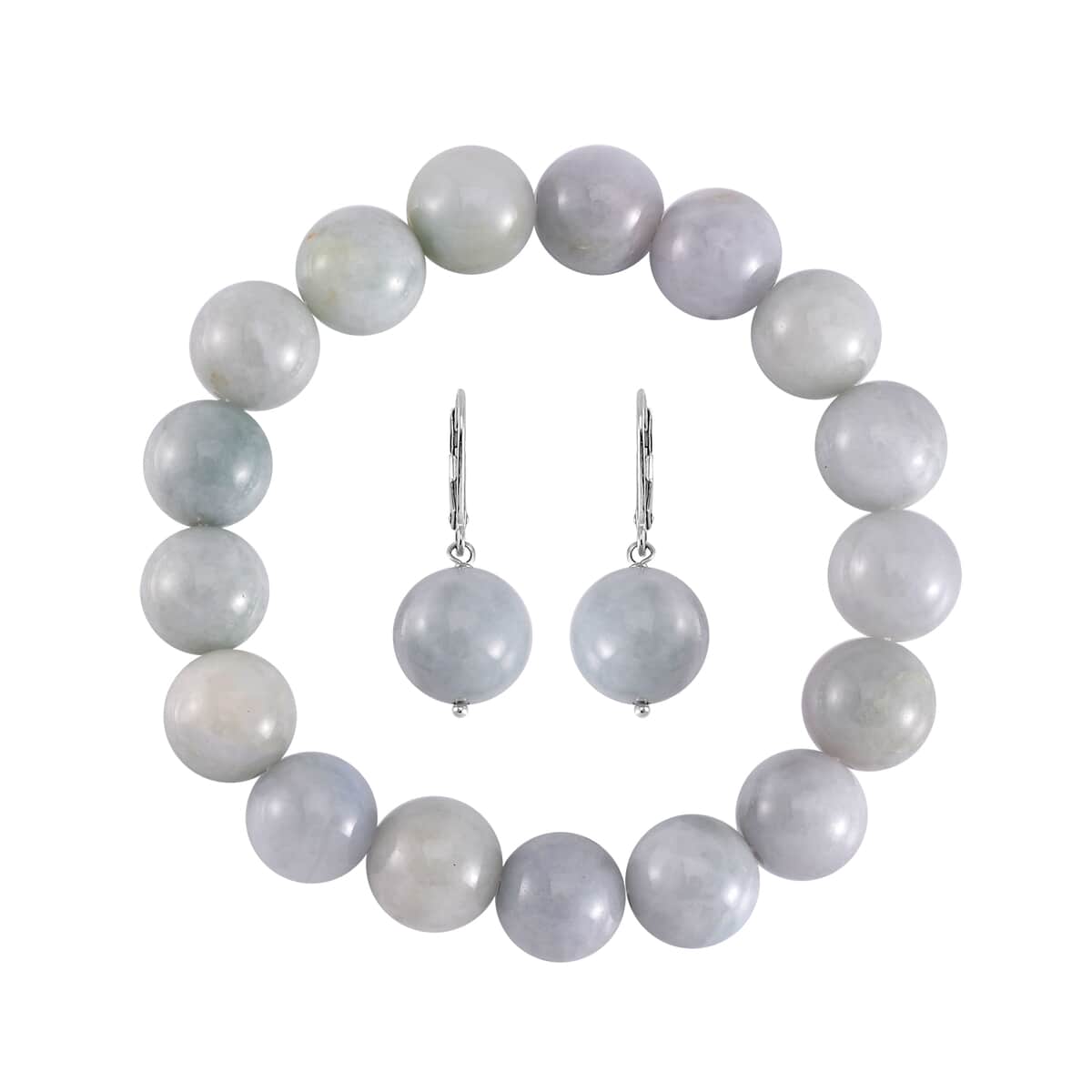 Natural Jade Round Beaded Stretch Bracelet and Lever Back Earrings in Rhodium Over Sterling Silver 195.00 ctw image number 0