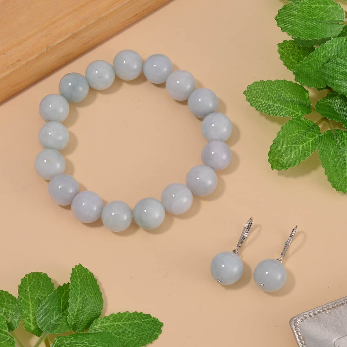 Natural Jade Round Beaded Stretch Bracelet and Lever Back Earrings in Rhodium Over Sterling Silver 195.00 ctw image number 1