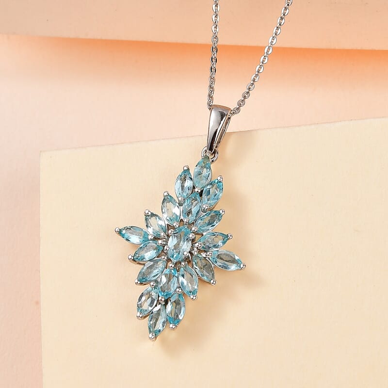 Betroka Blue Apatite Elongated Pendant Necklace 20 Inches in Platinum Over Sterling Silver 3.00 ctw