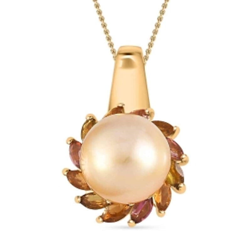 AA Golden South Sea Pearl and Multi Tourmaline 6.58 ctw Pendant Necklace in 18K Vermeil YG Over Sterling Silver 20 Inches