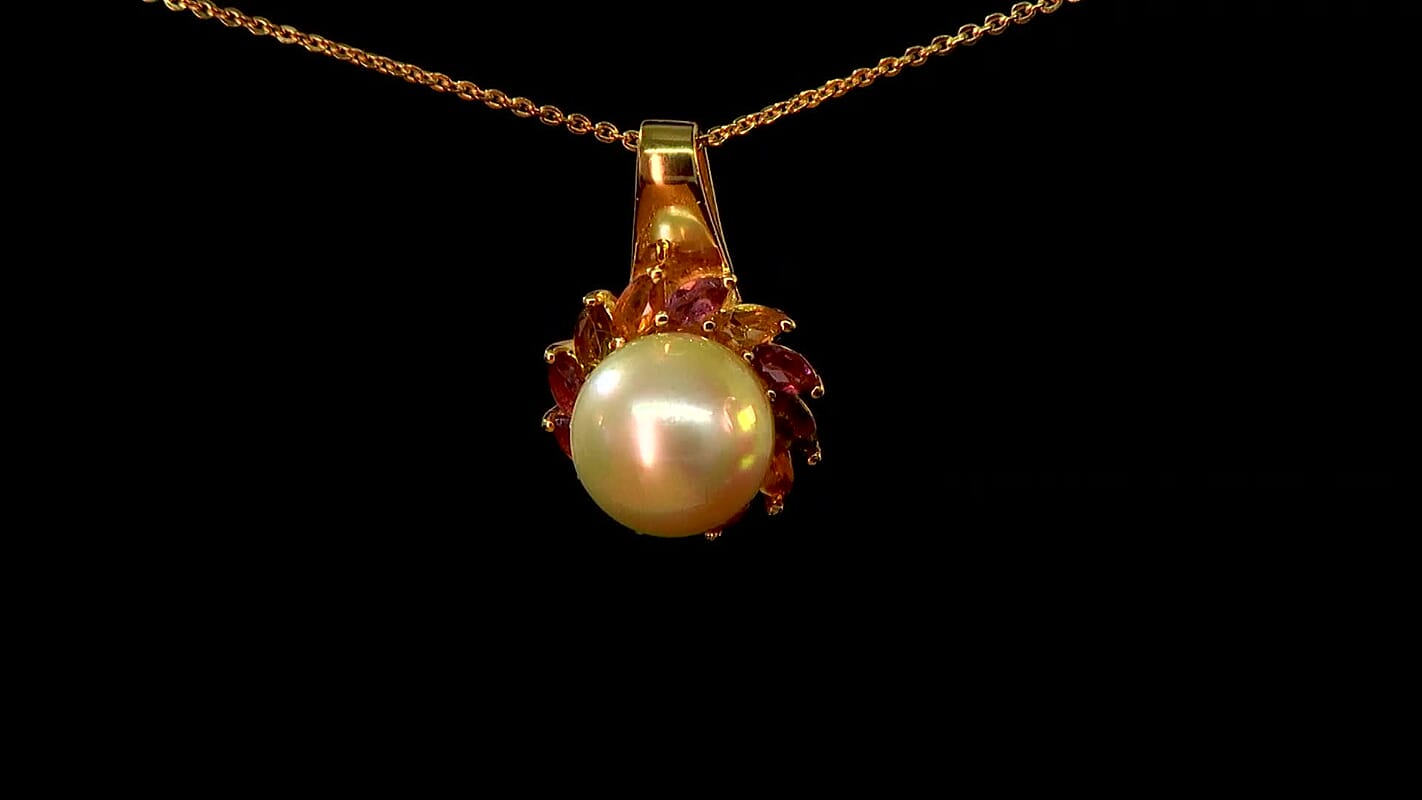 AA Golden South Sea Pearl and Multi Tourmaline 6.58 ctw Pendant Necklace in 18K Vermeil YG Over Sterling Silver 20 Inches