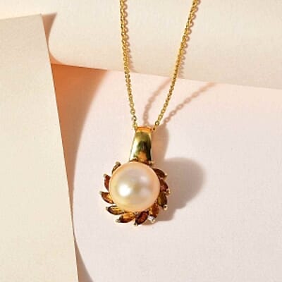 AA Golden South Sea Pearl and Multi Tourmaline 6.58 ctw Pendant Necklace in 18K Vermeil YG Over Sterling Silver 20 Inches
