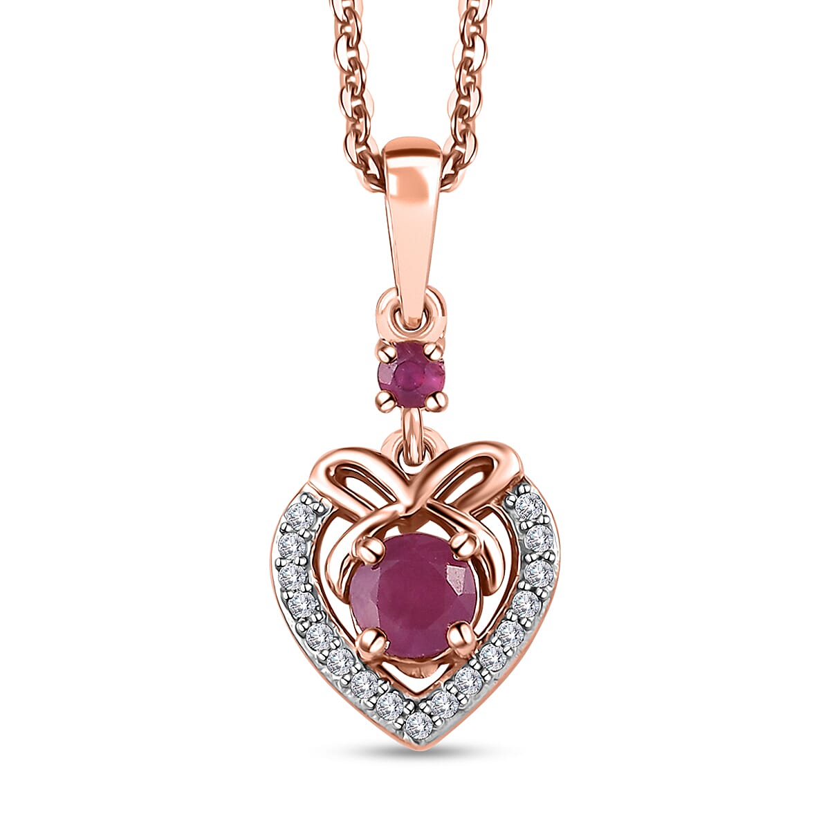 Montepuez Ruby and White Zircon Heart Pendant Necklace 20 Inches in Vermeil Rose Gold Over Sterling Silver 0.50 ctw image number 0