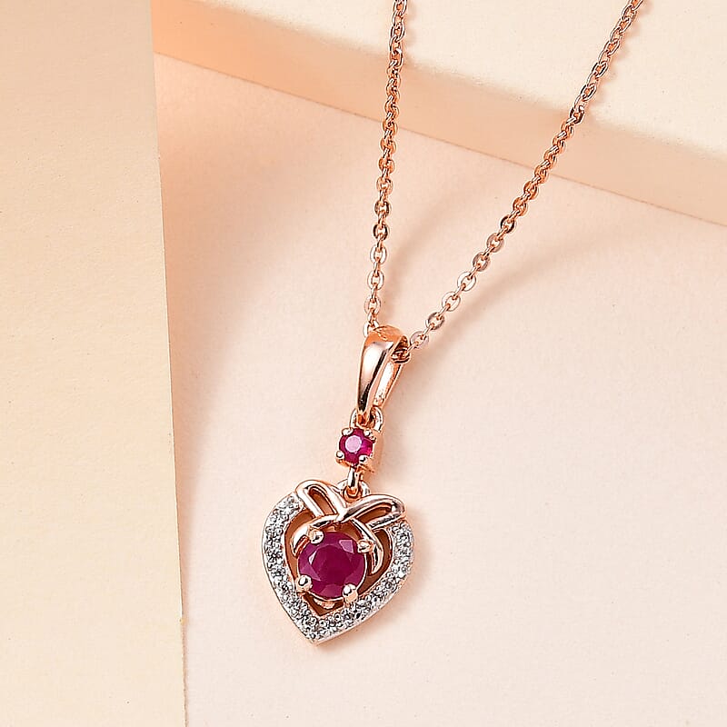 Montepuez Ruby and White Zircon Heart Pendant Necklace 20 Inches in Vermeil Rose Gold Over Sterling Silver 0.50 ctw