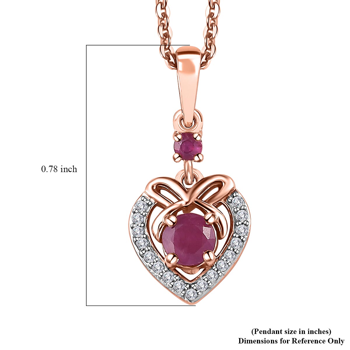 Montepuez Ruby and White Zircon Heart Pendant Necklace 20 Inches in Vermeil Rose Gold Over Sterling Silver 0.50 ctw