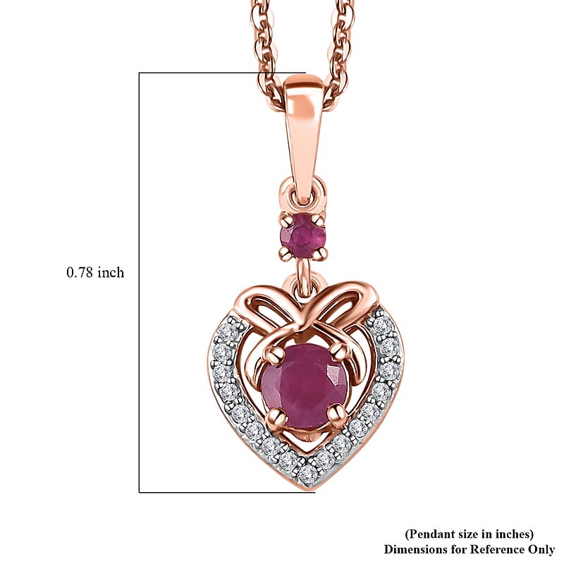 Montepuez Ruby and White Zircon Heart Pendant Necklace 20 Inches in Vermeil Rose Gold Over Sterling Silver 0.50 ctw